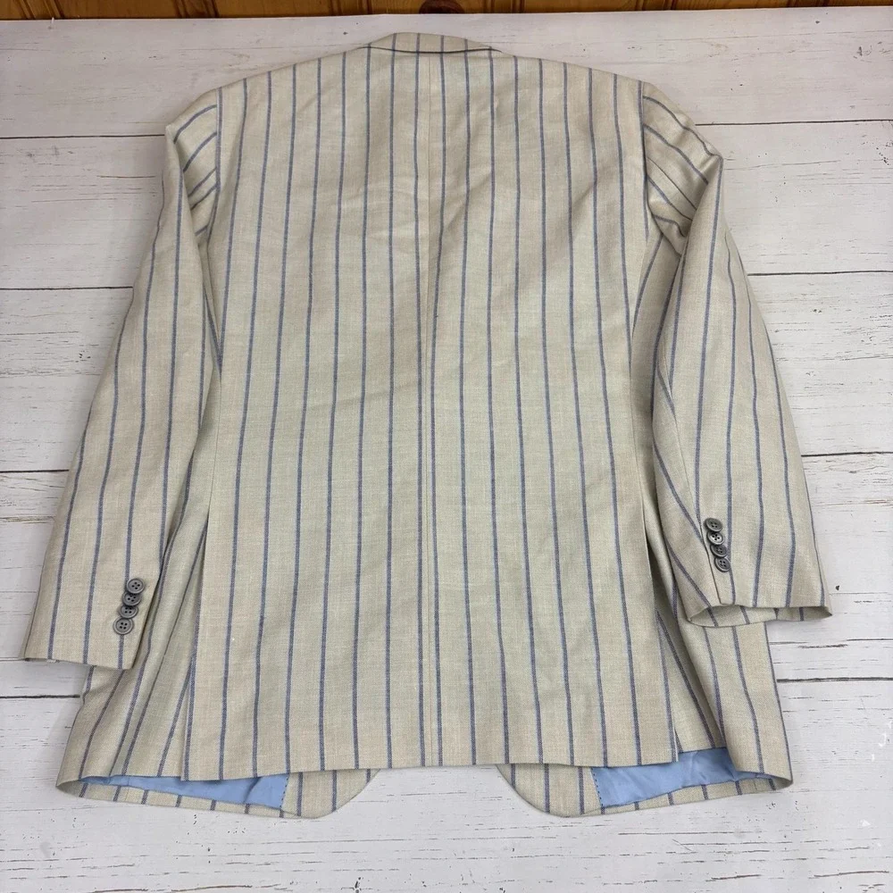 Patrick James Reserve Blazer Sport Coat Mens 44 Beige Stripe Wool Silk Linen